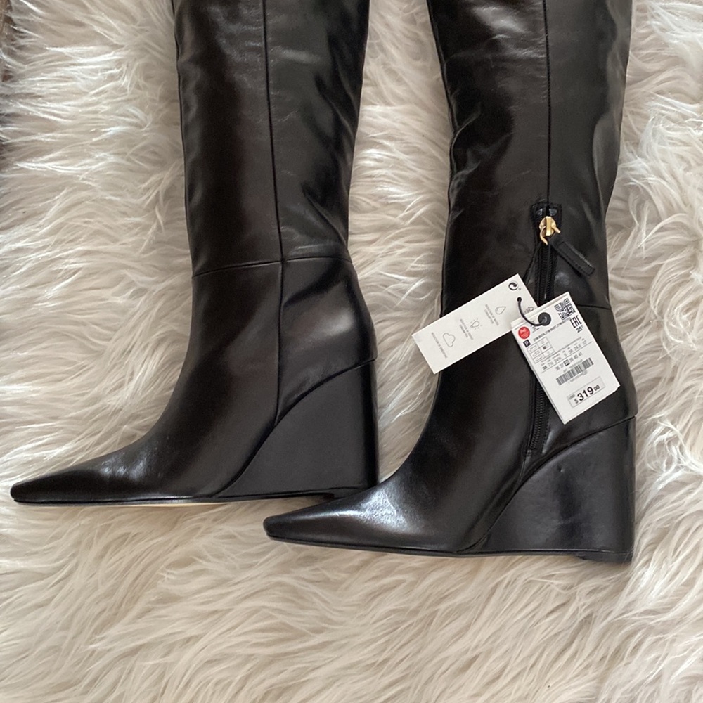 NWT Zara Leather Over The Knee Wedge Heel Boots, Size 7.5 - Picture 11 of 17